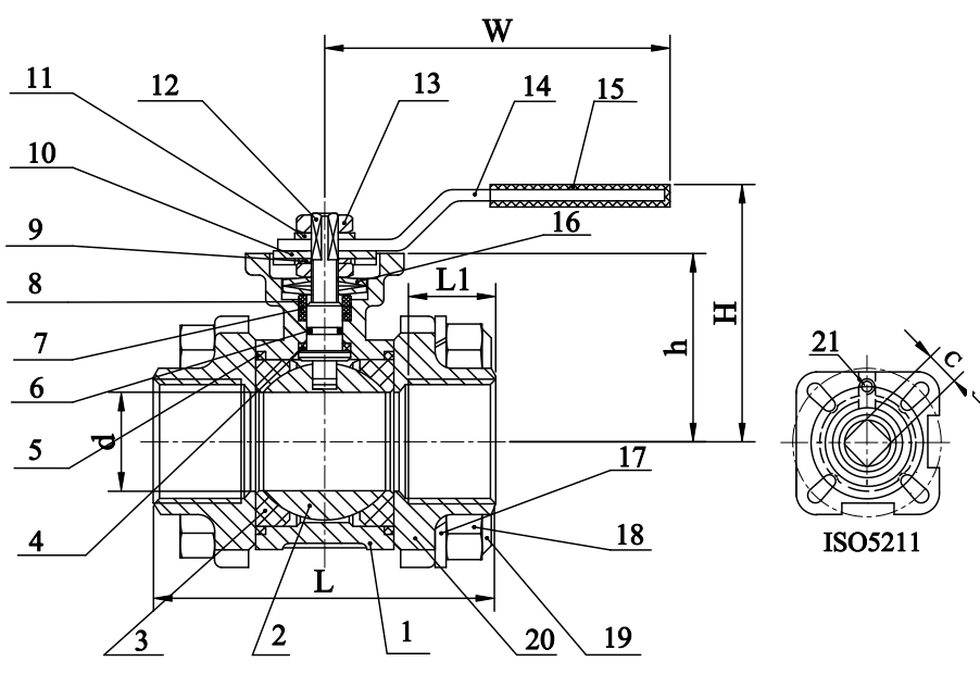 2 way 3 piece Stainless Steel Ball Valve Dimensions